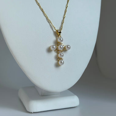 Beaded Pearl Cross Necklace